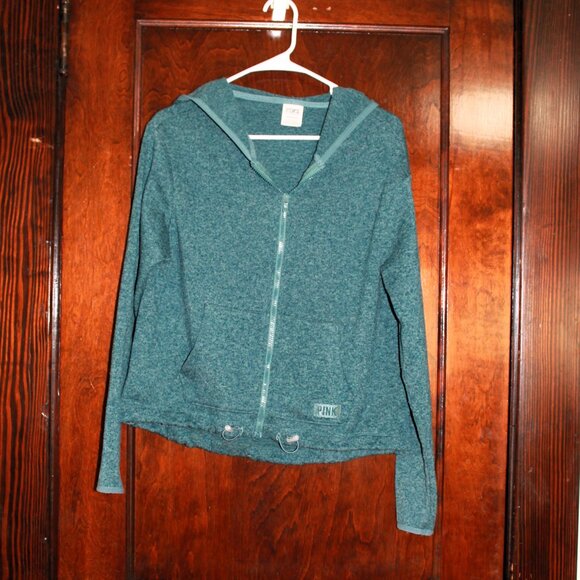 PINK Victoria's Secret Marled Teal Blue Zip-Up Hoodie Sweater, Small - Picture 2 of 9